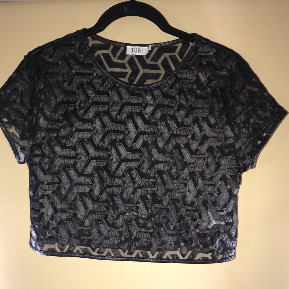 Black Faux Leather Mesh Geometric Crop Top